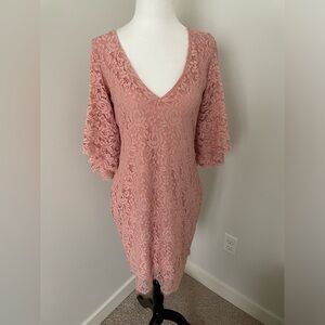 Another Story Pink Floral Lace V Neck Bell Sleeve Dress Sheer Back - Size Large